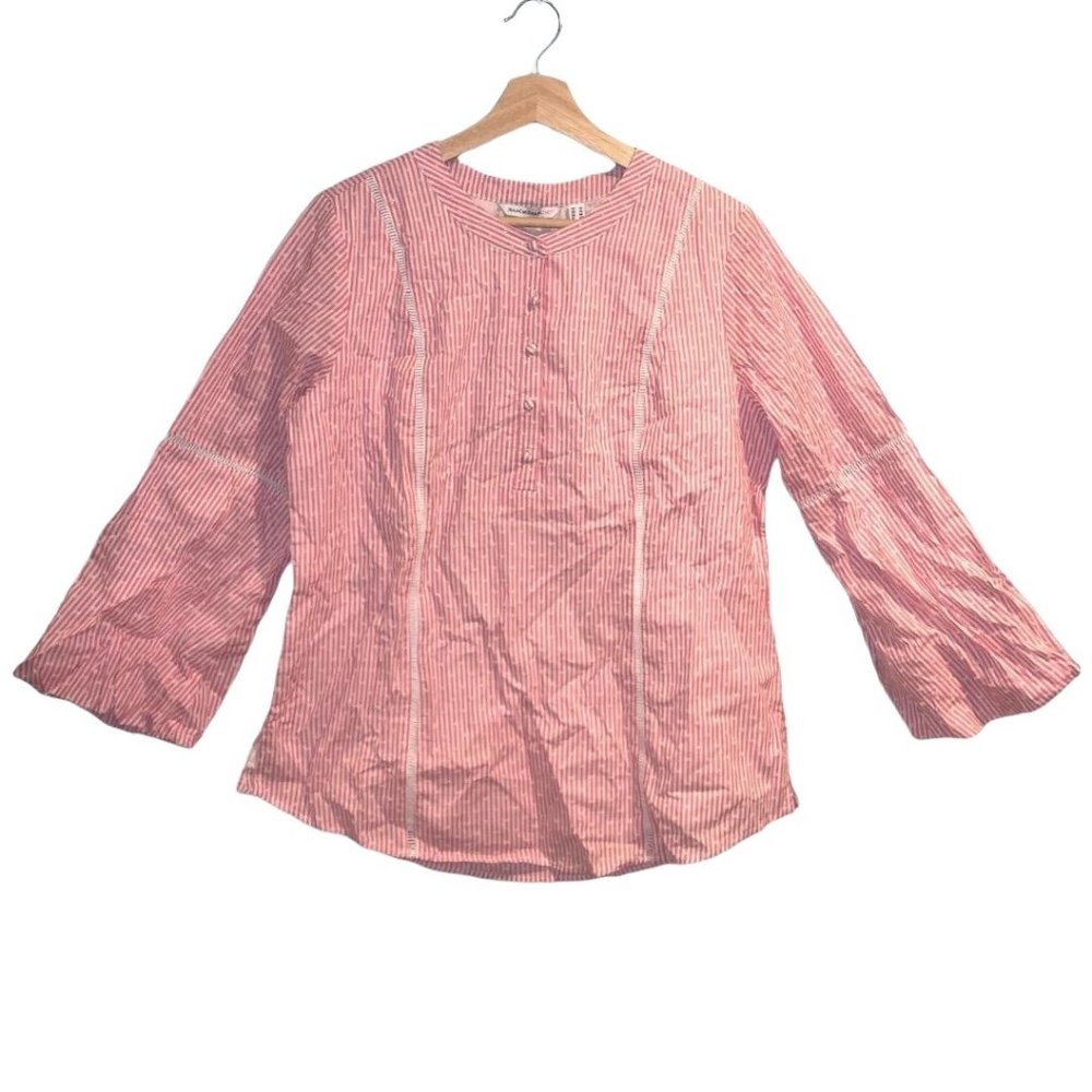 Issac Mizrahi Live Pink and White Striped Top Bell Sleeves Size 10 Womens Cotton